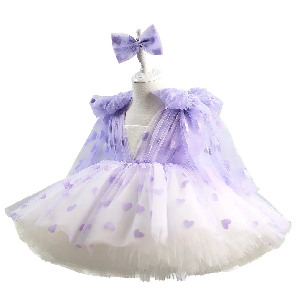 Girls purple tutu dress with bow and gauzy skirt, princess style, available in sizes 80cm to 160cm