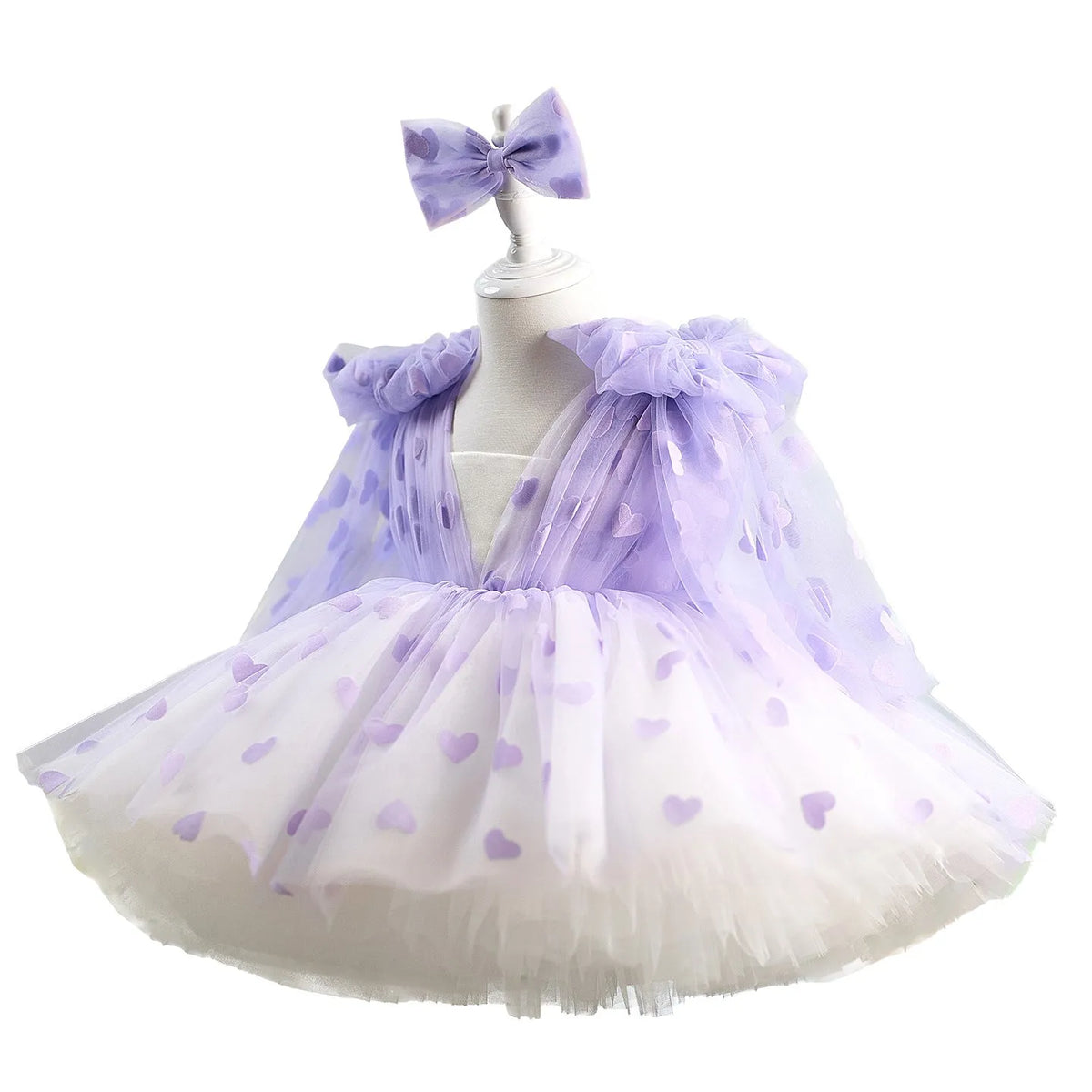 Girls purple tutu dress with bow and gauzy skirt, princess style, available in sizes 80cm to 160cm