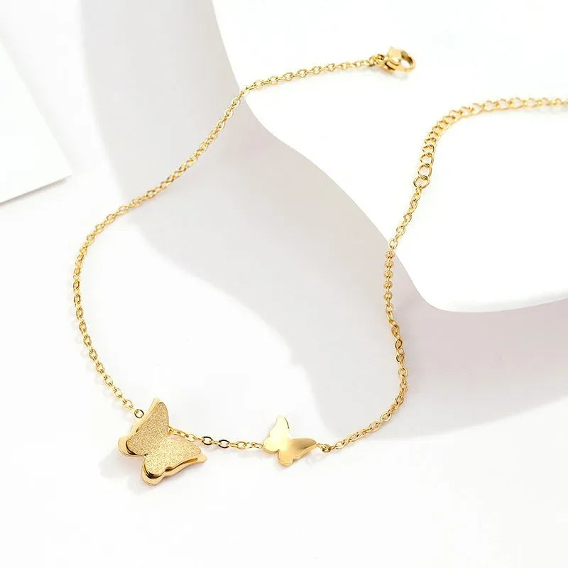 Gold butterfly anklet with stainless steel single chain, about 21cm plus 5cm extension