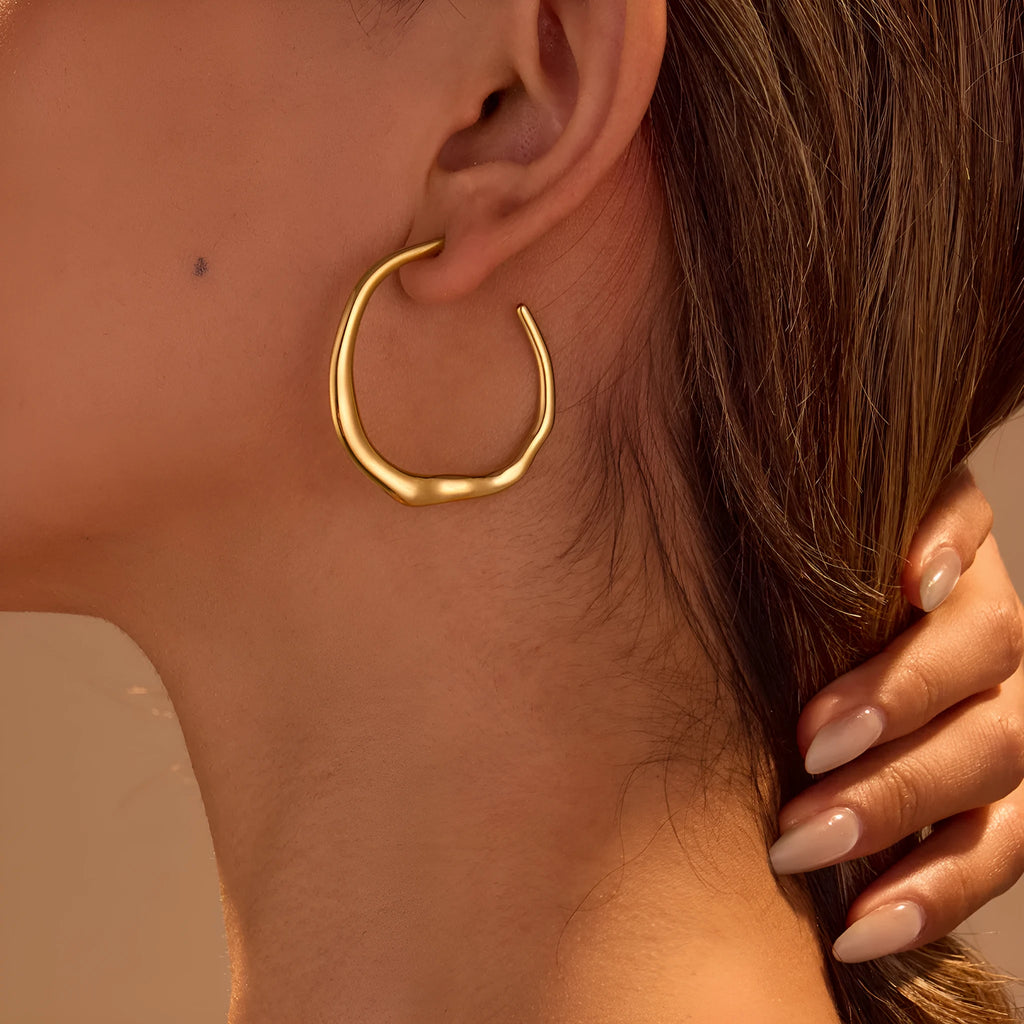C-ring earrings in stainless steel with 18K gold plating, geometric shape, gold and steel colour options, sold as a pair