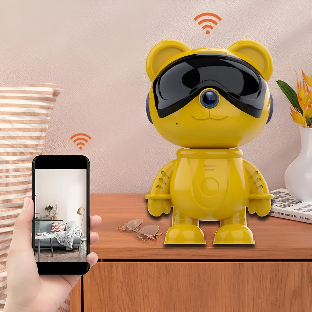 Cute Tiger WiFi two-way intercom home surveillance camera in yellow or white, 93.6 x 86.5 x 150 mm, with night vision and app control