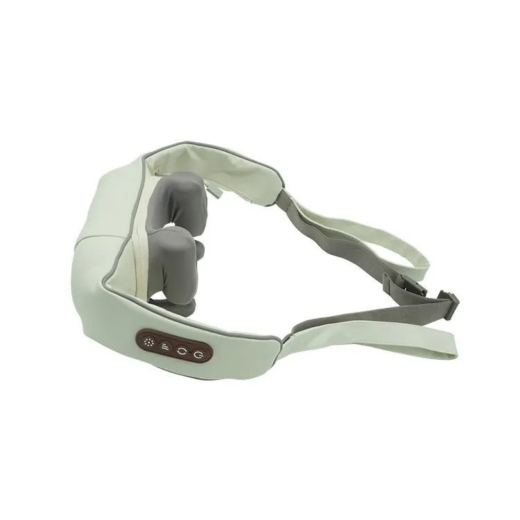 Blue foldable electric neck and back massager with rechargeable battery on a table