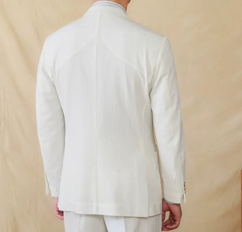 Seersucker single-breasted slim-fit suit jacket, navy blue or white, long sleeve, double rear slits, sizes M-3XL