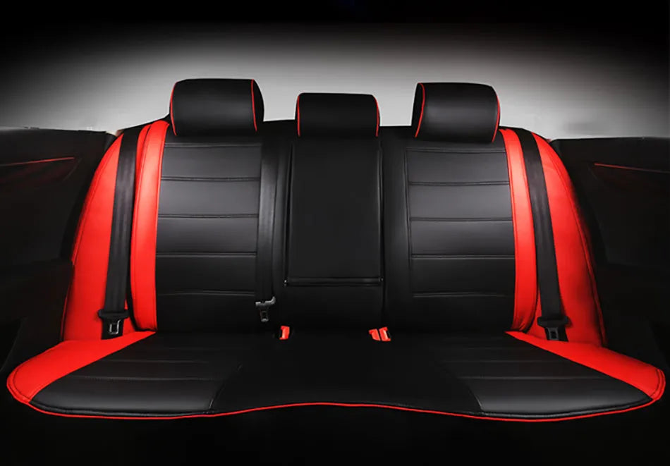 Cow leather universal car seat cover shown in beige and black with red accent colour options.