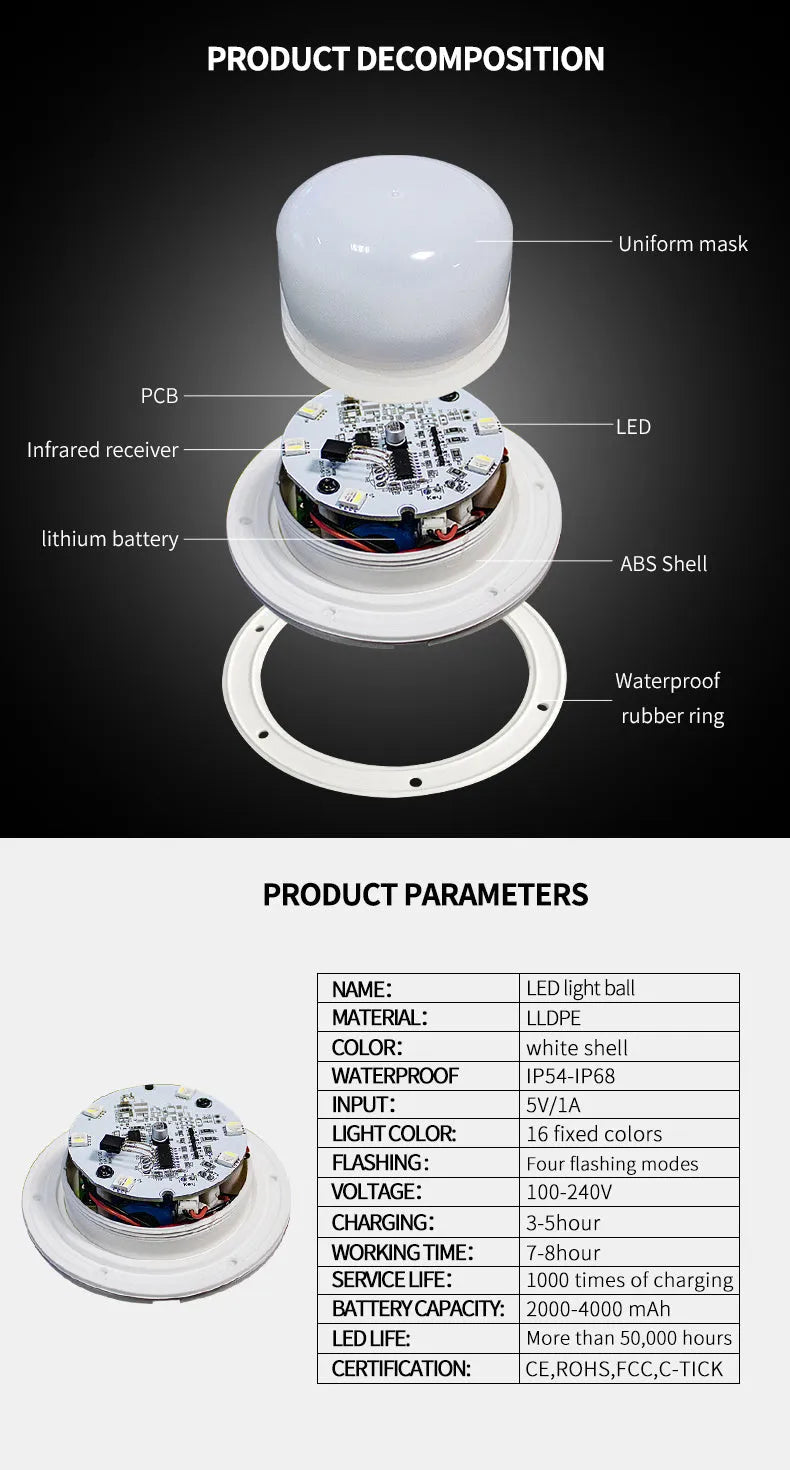 LED luminous ball lamp with remote control, 16 colours, IP67 rating, flat base for floor or floating use