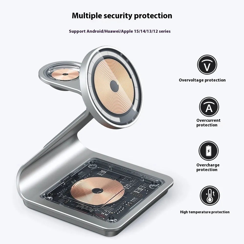 3-in-1 magnetic wireless charger in black or white aluminium alloy and ABS, 96 x 90 x 126mm, with phone, Apple Watch and earphone charging sections
