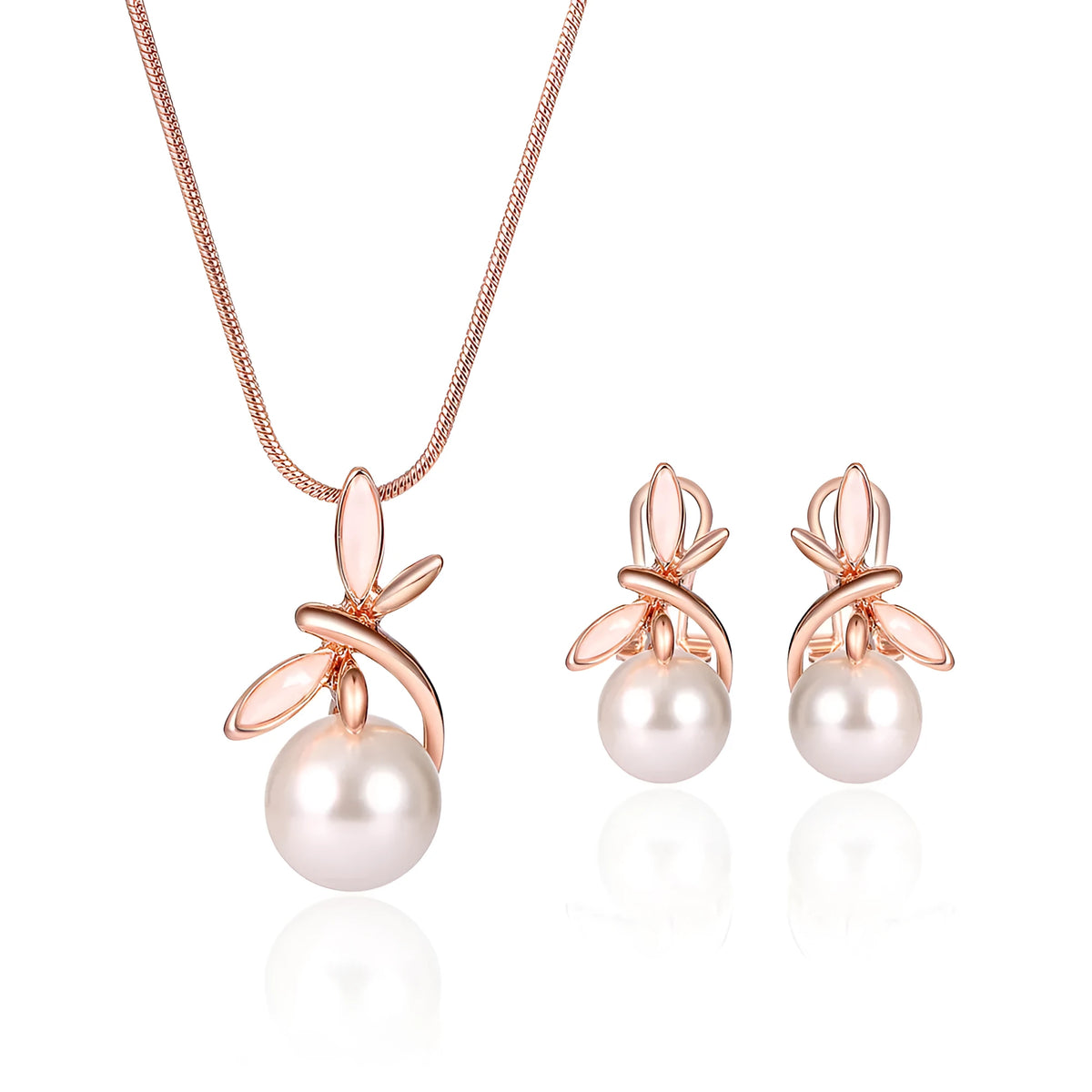 Rose gold bridal jewellery set with pearl necklace and earrings featuring alloy and artificial gems