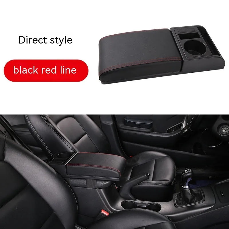Universal car armrest cover in black with red decorative lines showing PU leather texture surface