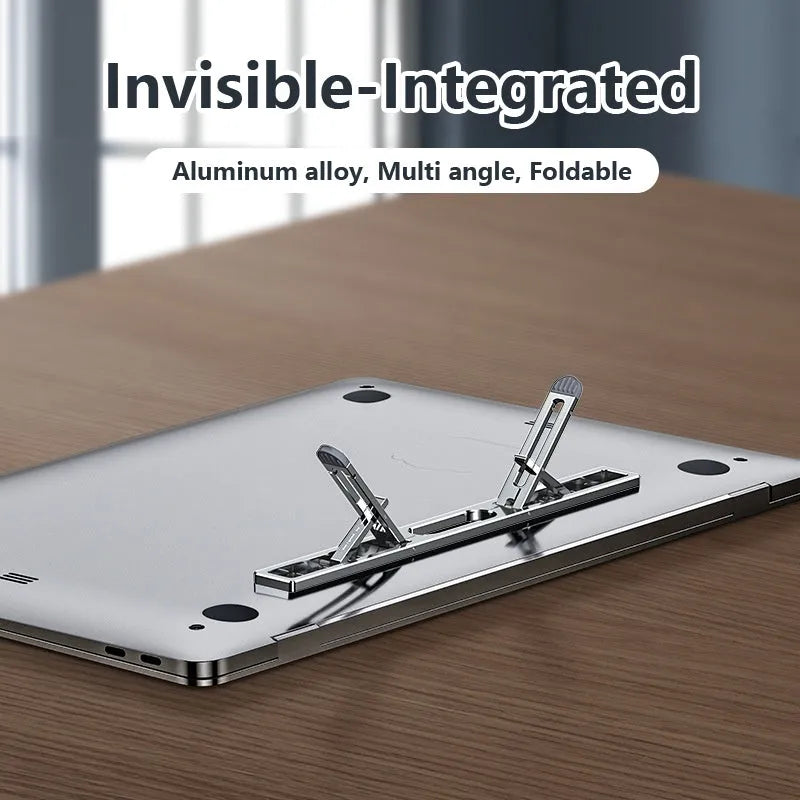 Aluminium alloy adjustable laptop cooling bracket in silver on a desk raising a notebook for better airflow and ergonomics