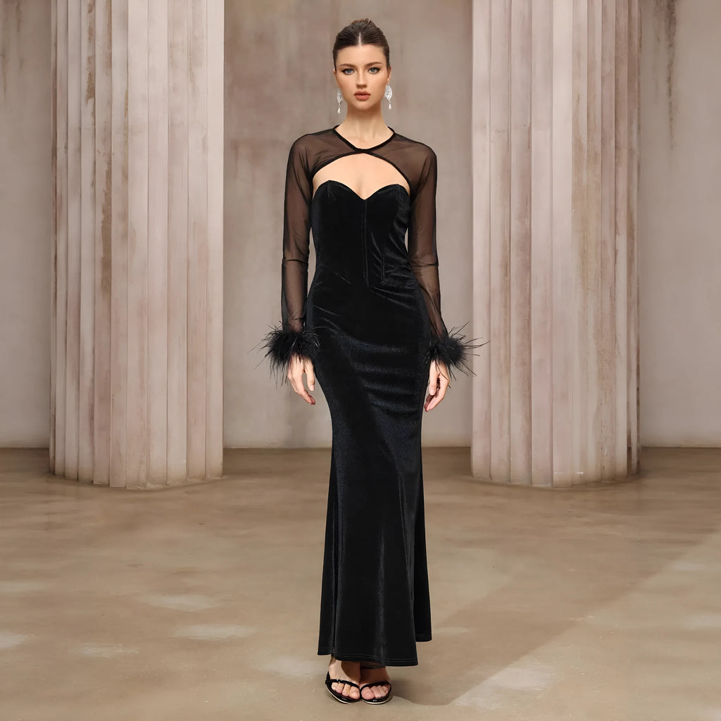 Black semi-transparent mesh top and velvet tube dress two-piece set with mid waist and mid-length skirt, sizes S M L