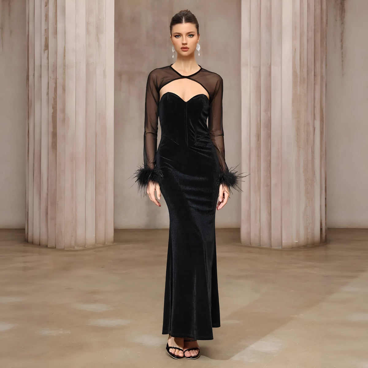 Black semi-transparent mesh top and velvet tube dress two-piece set with mid waist and mid-length skirt, sizes S M L