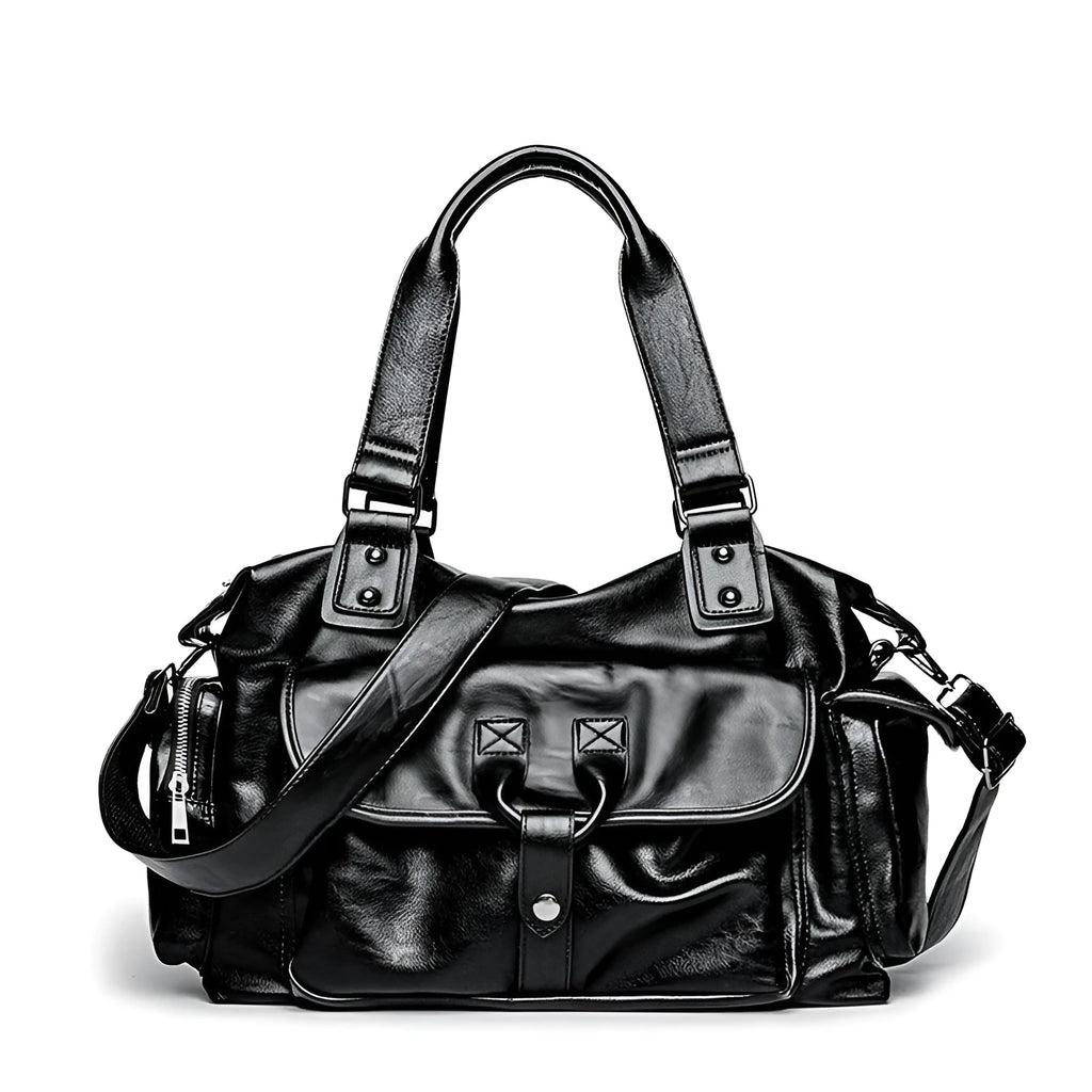 Men's black PU leather portable travel bag with zipper closure and retro Korean style