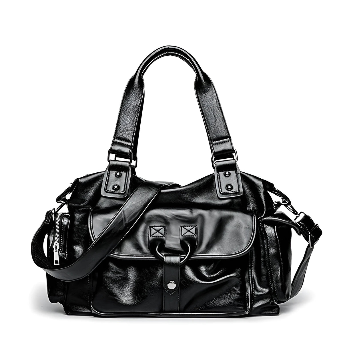 Men's black PU leather portable travel bag with zipper closure and retro Korean style