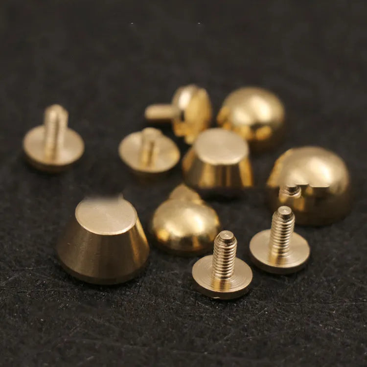 Brass decorative buckles in 10x6mm and 12x7mm sizes with round and geometric foot nail shapes
