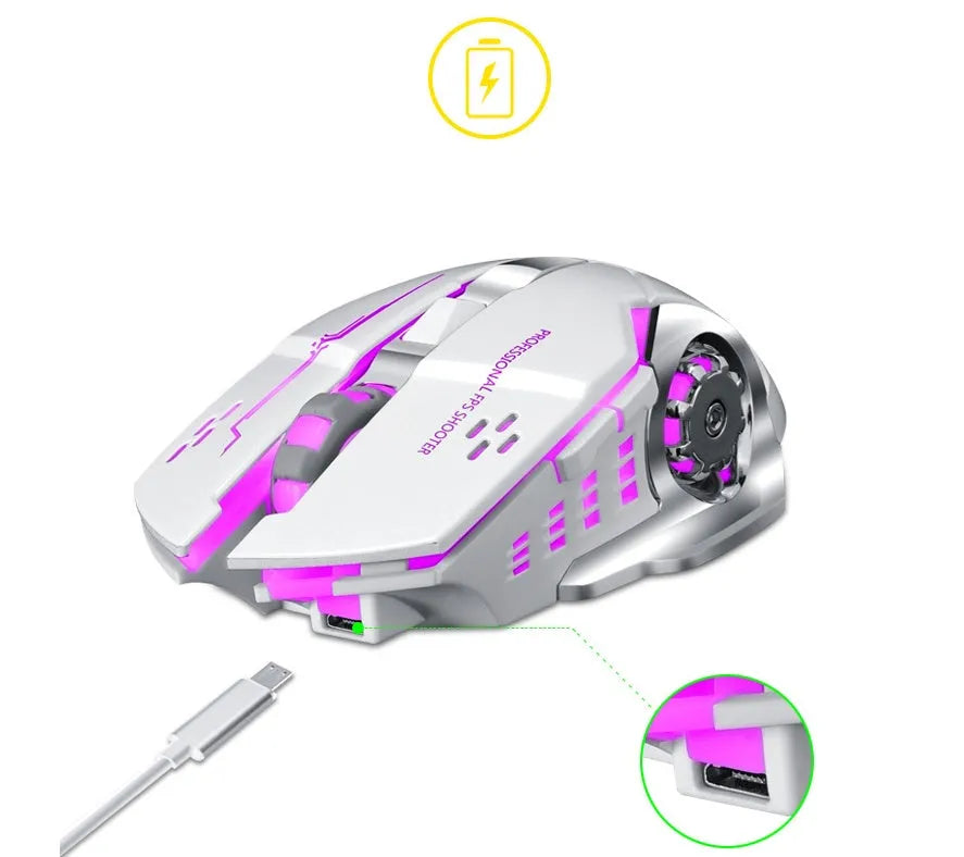 Black and white wireless mouse with wireless charging, 6 keys, and 2400dpi optical sensor.