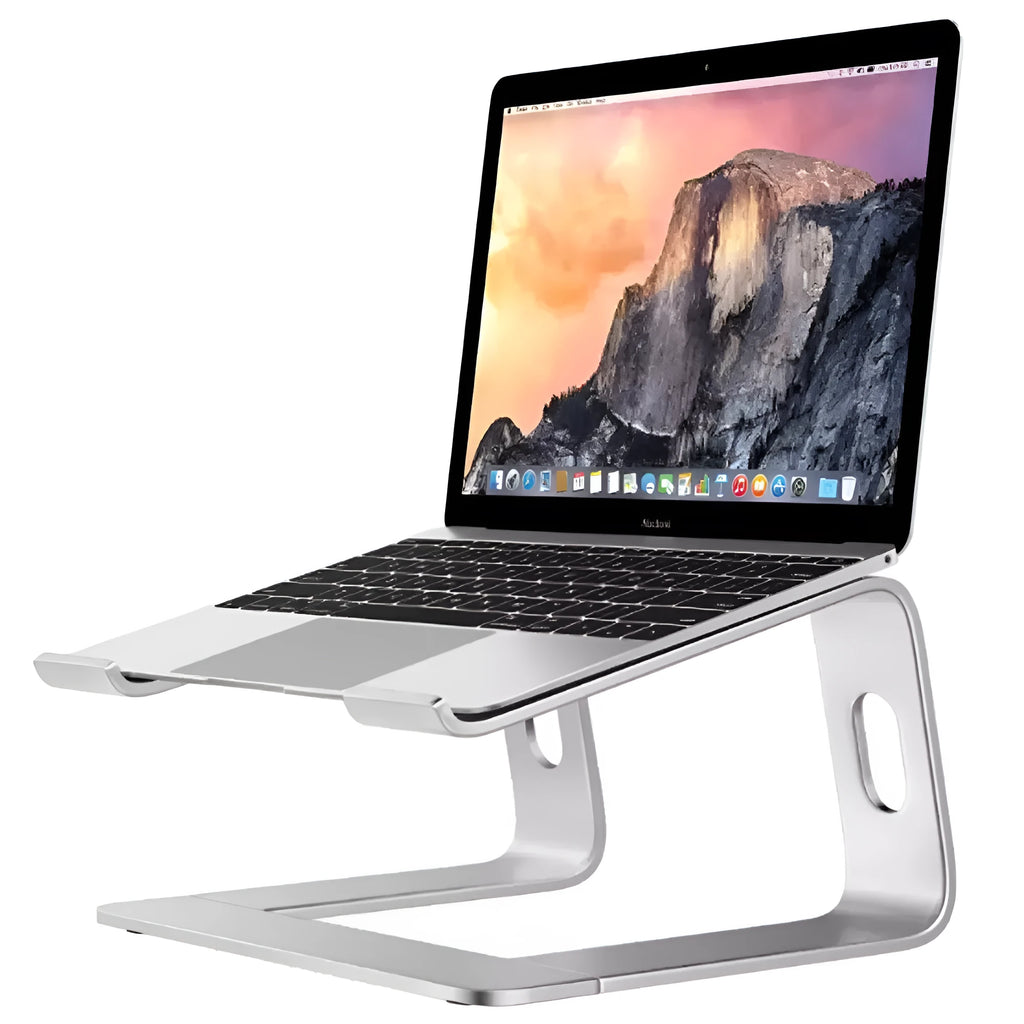 Aluminium alloy notebook stand and desktop computer cooling bracket, 14.5 x 22.5 x 26 cm, in black, grey, rose gold, or silver grey.