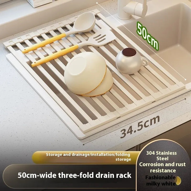 Milky white 304 stainless steel foldable kitchen draining rack over sink