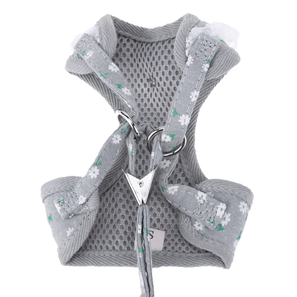 Pet strawberry chest rope dog harness in pink or grey with metal buckle, mesh fabric and bow tie, sizes S to XL