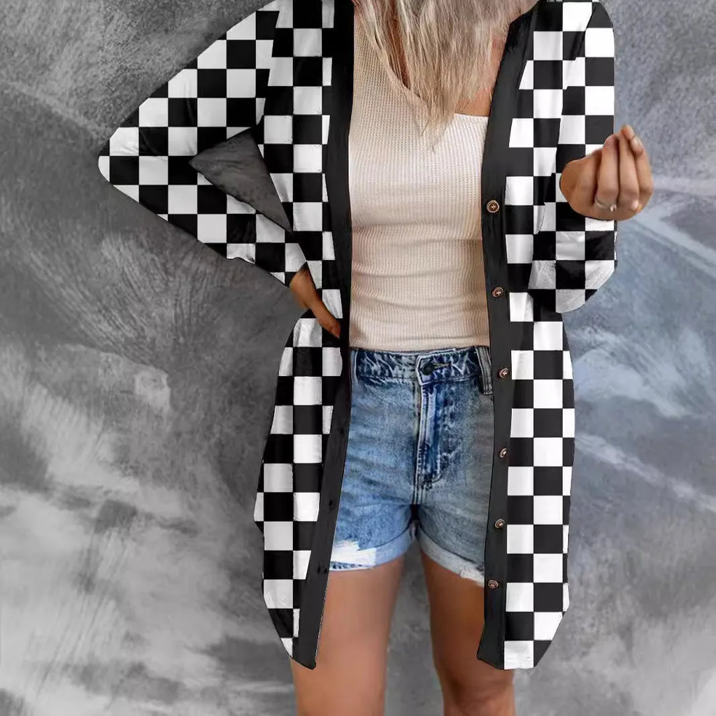 Women's long grey plaid knitted cardigan coat with loose fit and regular sleeves