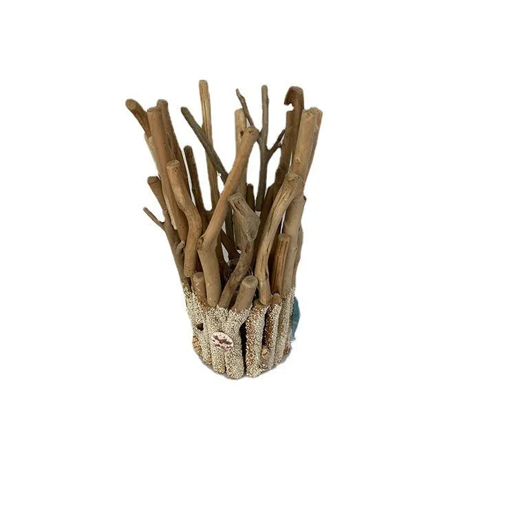 Driftwood decorative table lamp with wood colour finish and 24.5cm square base on a desk