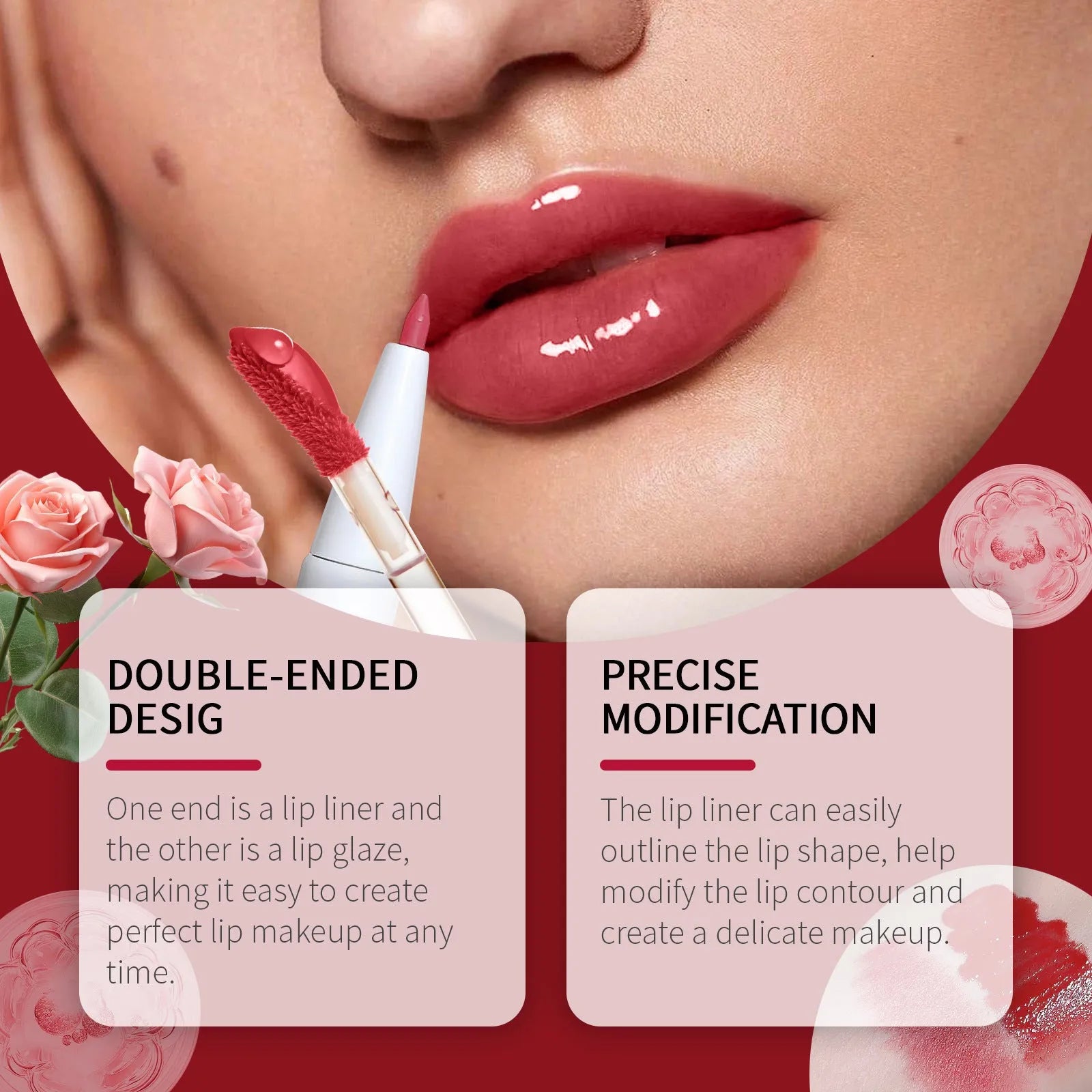 Double-headed lip liner and lip lacquer pen in black coffee, fragrant, and oat almond colours