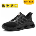 Black low-top safety shoes with a flat knitted upper, steel toe cap, and lace-up front.