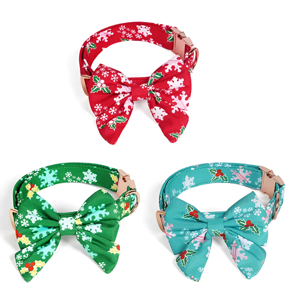 Pure cotton dog necklace with removable Christmas flower bow tie in blue, green, or red, sizes S M L.