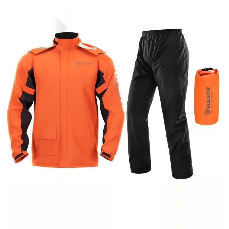 Adult motorcycle waterproof rain suit set showing split-style raincoat and trousers with shoe covers
