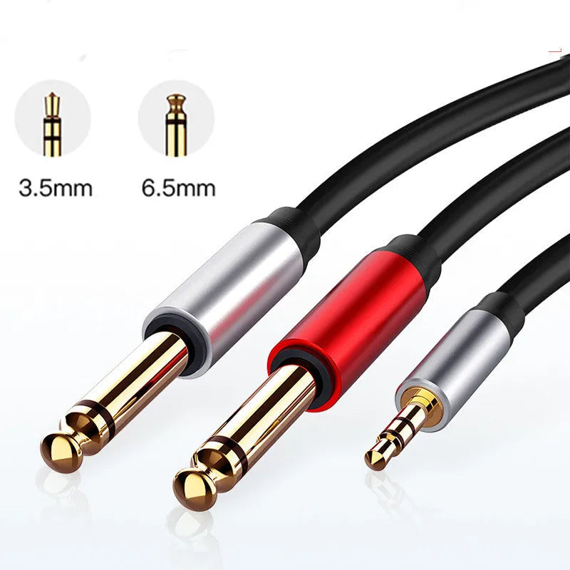 3.5mm to 6.35mm stereo audio cable with black PVC jacket and gold-plated male connectors.