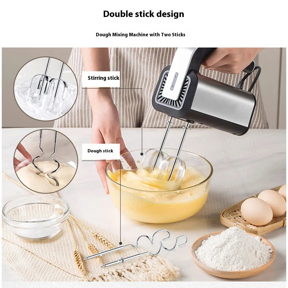 Silver handheld electric whisk with five speed settings and stainless steel beaters