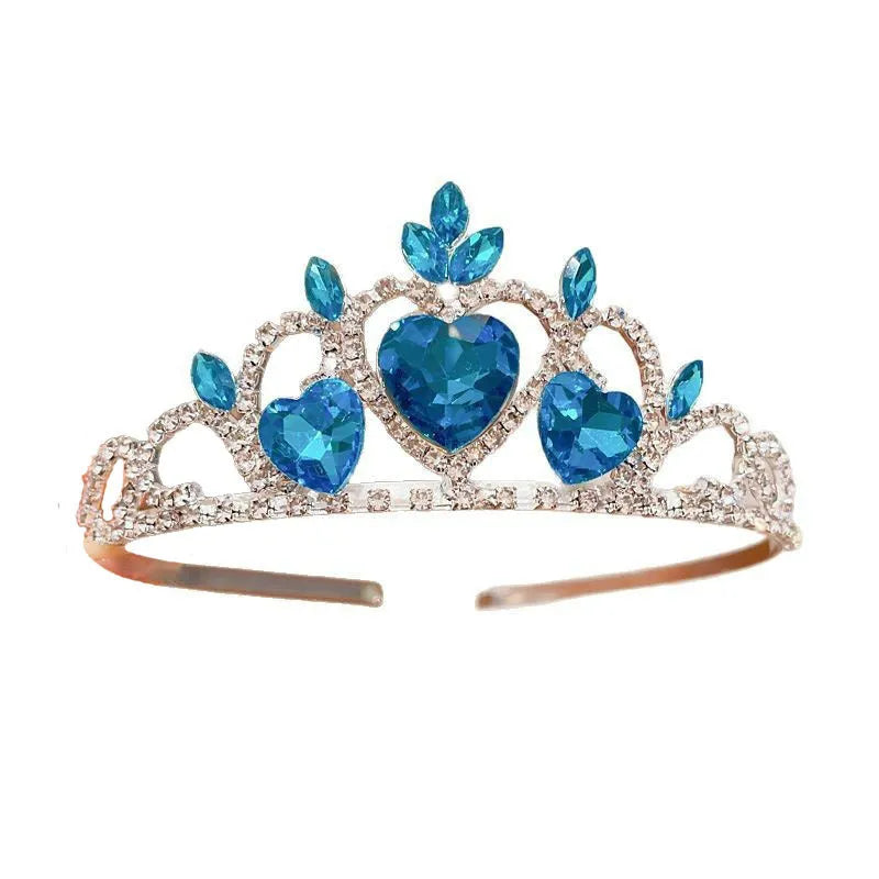 Children's metal princess crown headband with crystal stones in pink, light blue, or light purple.