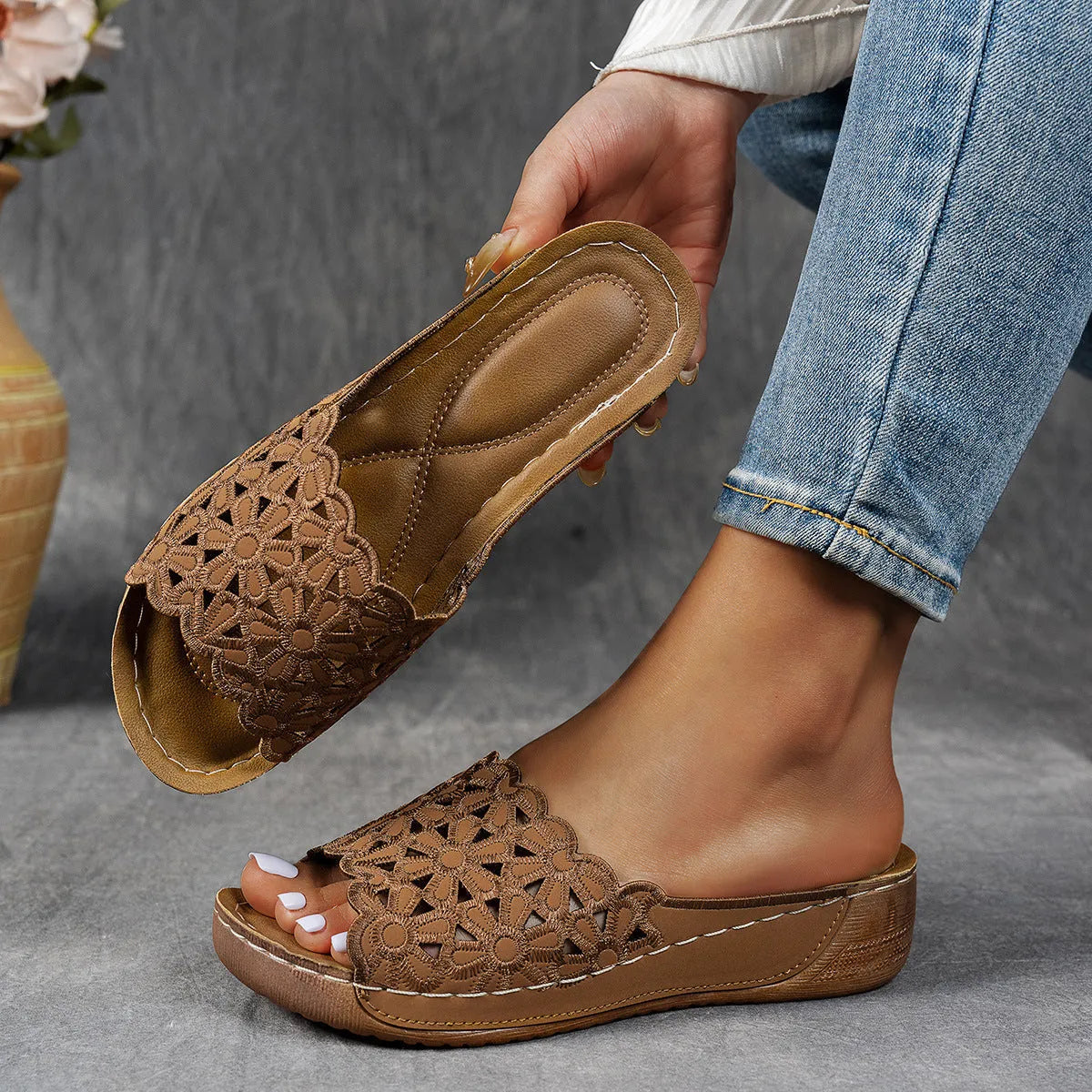 Women's wedge beach slippers with flower cutout design and fish mouth toe in multiple colours
