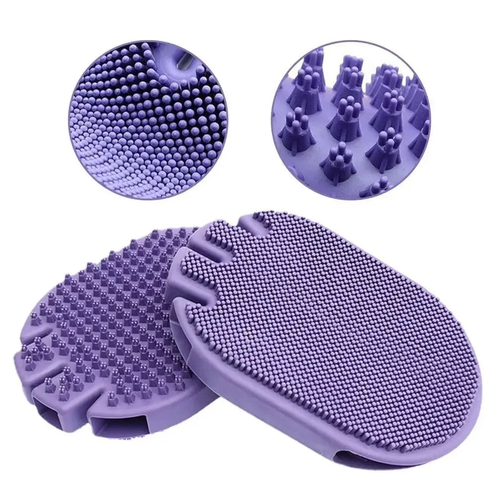 Purple massaging pet shampoo brush with soft TPR bristles for dog grooming