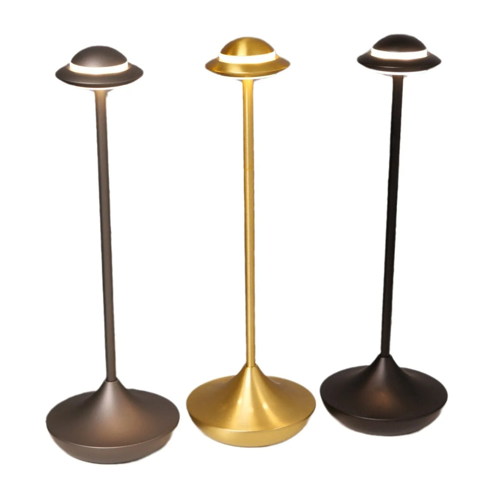 Metallic UFO-shaped rechargeable table lamp with touch dimming in black, gold or grey