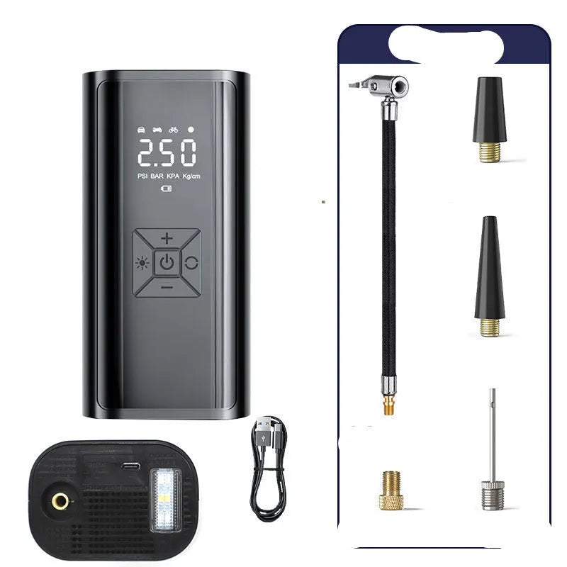 Portable wireless car tyre pump with digital display showing pressure reading