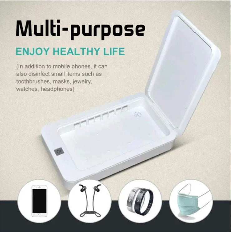 Compact blue UV phone steriliser unit with lid open, showing interior chamber for mobile phone disinfection.