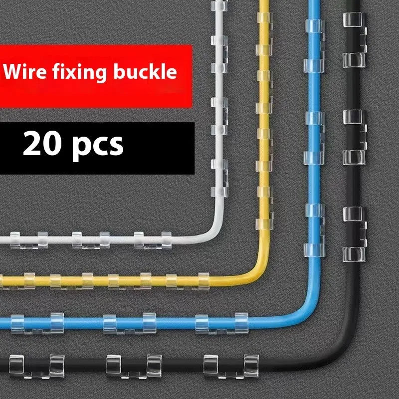 Transparent self-adhesive cable clips in four sizes for punch-free wire organisation