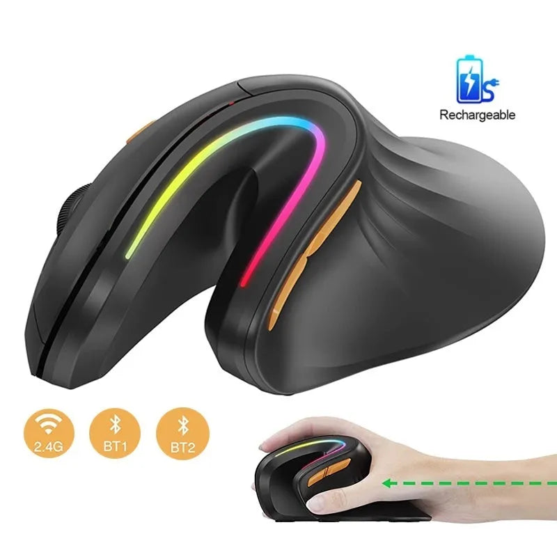 seenDa vertical Bluetooth 2.4G rechargeable wireless mouse in black with RGB lighting and charging cable
