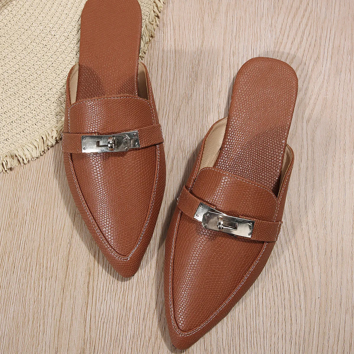 Light brown women's pointed-toe semi-slippers with a low heel, PU upper, and rubber sole.