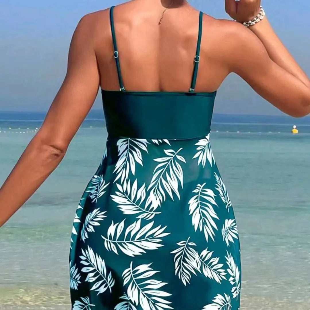 Women's high waist swim briefs in blue with mesh panel and split boxer design.