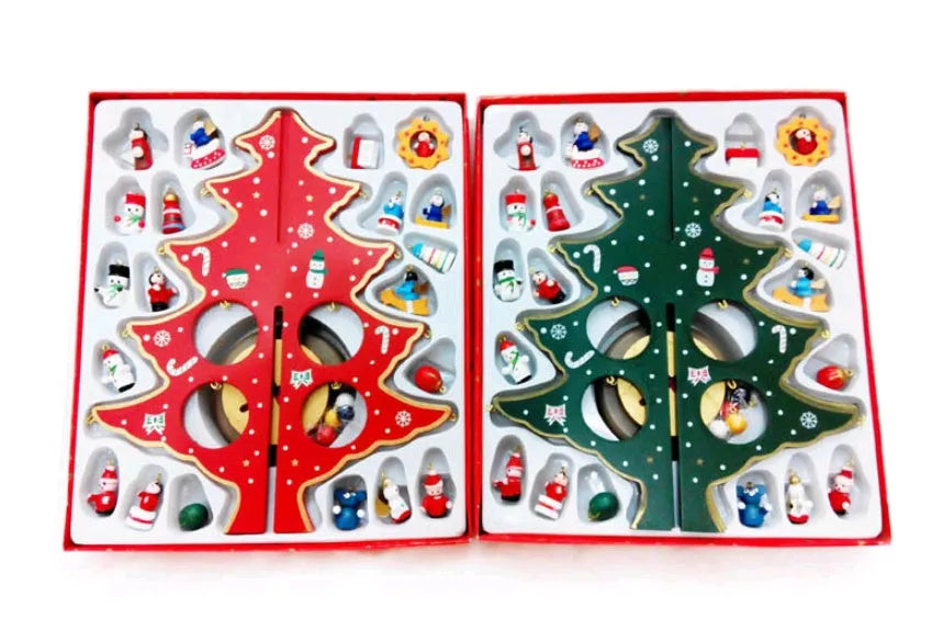 Hand-painted wooden Christmas tree decoration in red and green colours for desktop display