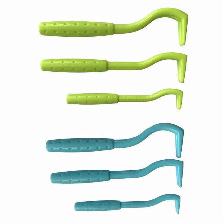 Plastic flea tick extractor tool for dogs and cats, shown in blue and green colour options