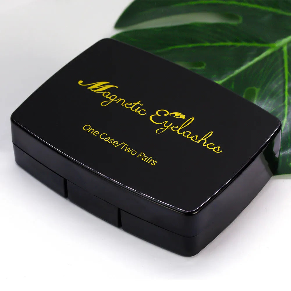 Magnetic eyelashes set with 3+6 small clusters, black box, transparent cover with mirror, and black tweezers option.