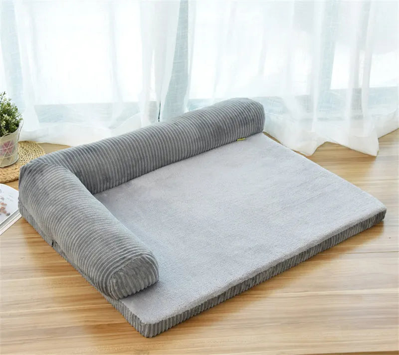 Corduroy pet sofa dog bed with removable cover in coffee colour showing non-slip base