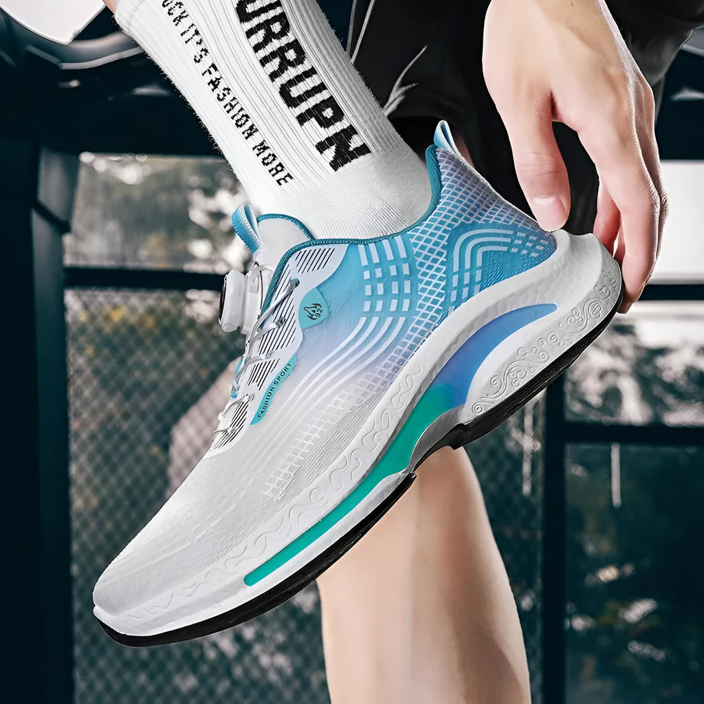 Men's white and blue low-top sneaker with mesh upper and a rotating buckle closure on the side.
