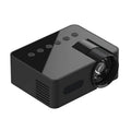 Black mini portable projector with USB power, wireless screen mirroring, 101x78x40mm body, and 165g weight