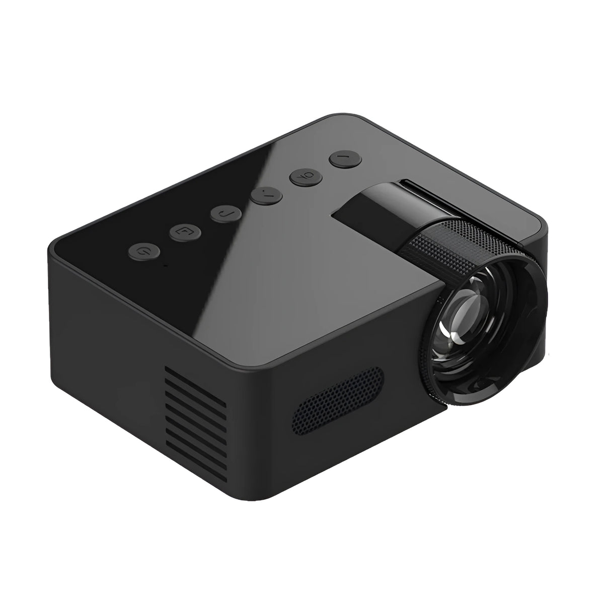 Black mini portable projector with USB power, wireless screen mirroring, 101x78x40mm body, and 165g weight