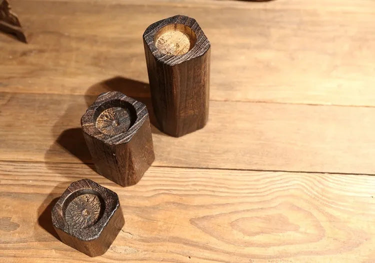 Solid paulownia wood candle holder with charcoal-fired finish, square 6cm top and 4.5cm candle opening