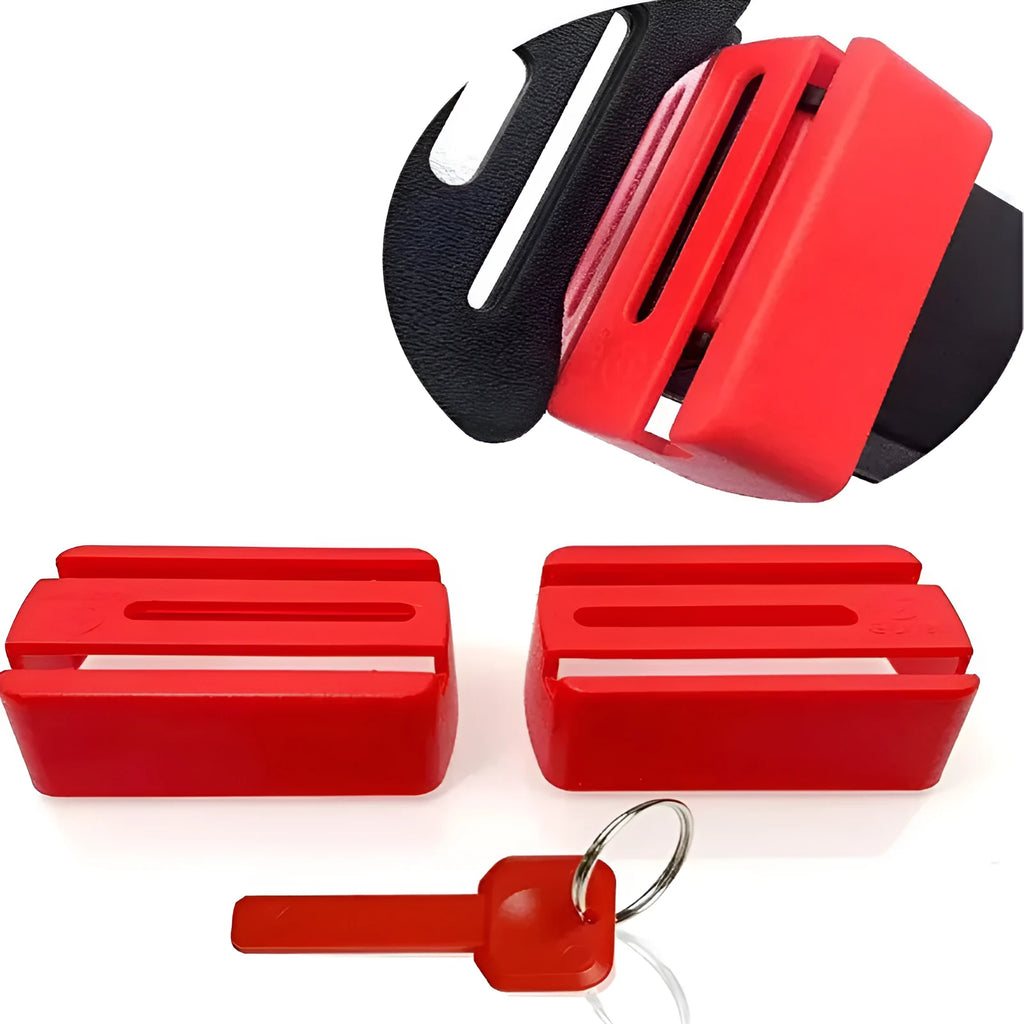 Black and red seat belt lock protective clamp made from ABS plastic