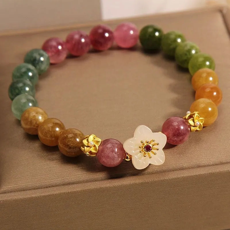 Natural tourmaline geometric bracelet with floral and Chinese fu character designs